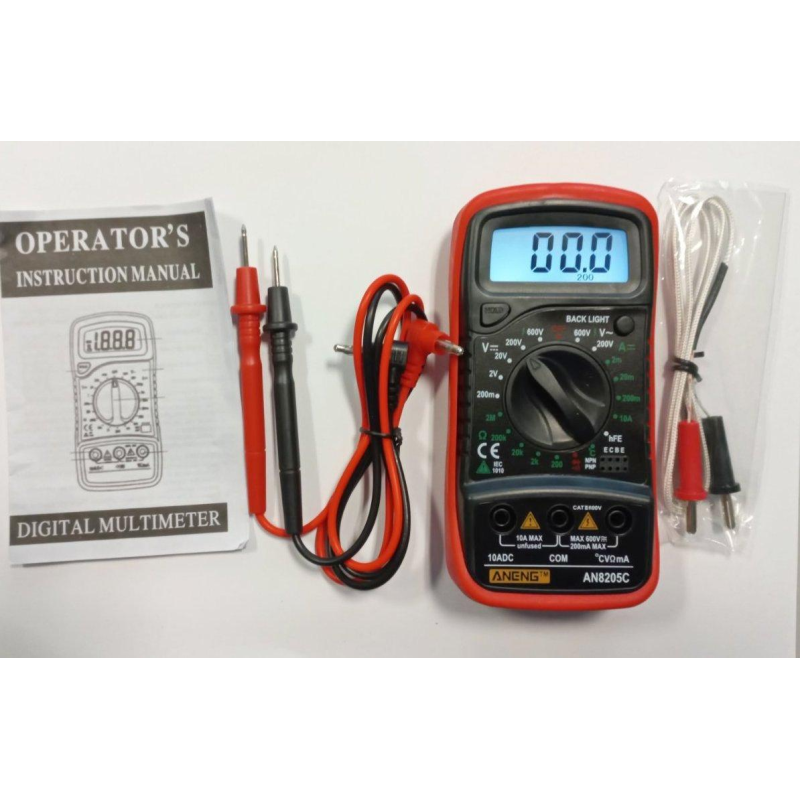 Мультиметр Aneng AN8205C (ACV/DCV: 600V; DC: 10A; 2MOm; 1300 °C; hFe 200 мкф; NPN/PNP) з продзвінком тех упак
