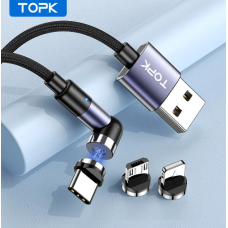 Кабель магнітний TOPK AM59 3в1 micro usb, lightning, type c (2 m) — Black 3 Ампери