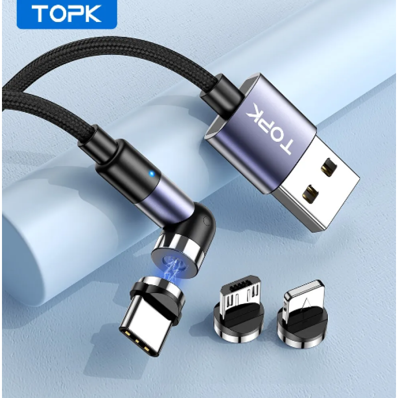Кабель магнітний TOPK AM59 3в1 micro usb, lightning, type c (2 m) — Black 3 Ампери