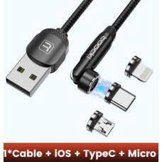 Кабель магнітний Toocki 540°Micro USB Type-C iPhoneUSB 3.0 швидке заряджання, передавання даних, (2 m) — Black 3 А