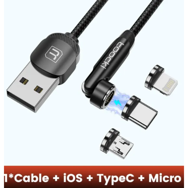 Кабель магнітний Toocki 540°Micro USB Type-C iPhoneUSB 3.0 швидке заряджання, передавання даних, (2 m) — Black 3 А