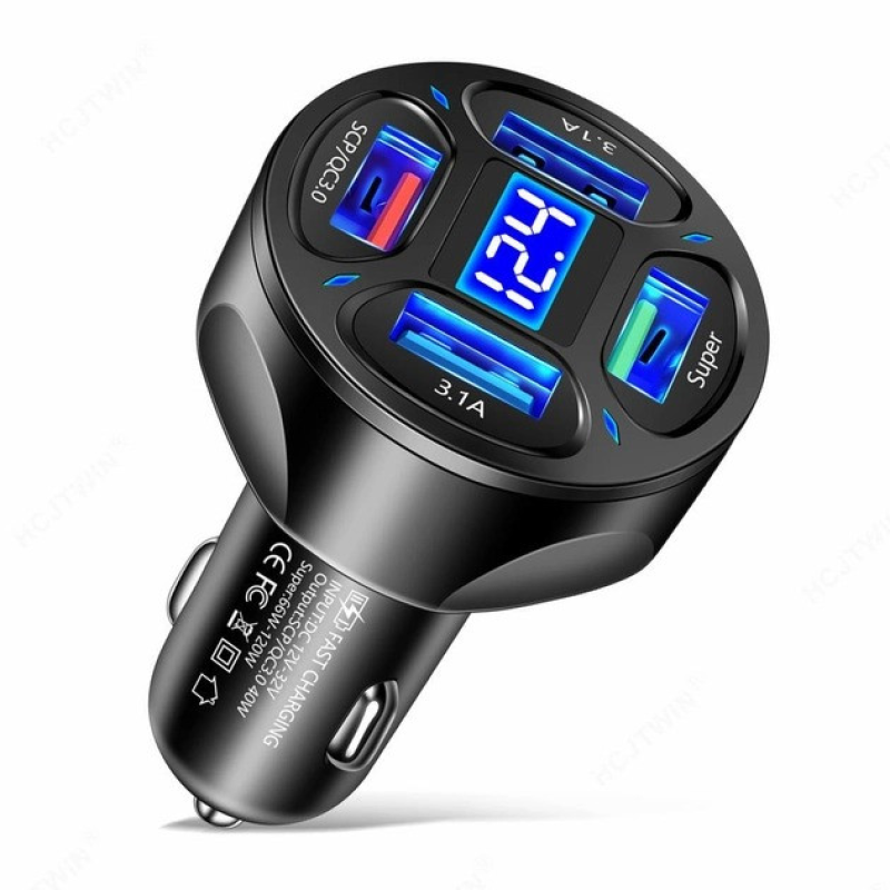 Зарядний пристрій від прикурювача з вольтметром 12 — 24 вольти на 4 USB QC 3.0 Quick Charge