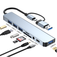 Алюмінієвий HAB ХАБ 8 в 1/USB-C хаб з 4 USB-портами, Type-C портом, TF/SD-картридер, аудіовиходом