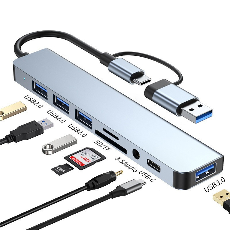 Алюмінієвий HAB ХАБ 8 в 1/USB-C хаб з 4 USB-портами, Type-C портом, TF/SD-картридер, аудіовиходом