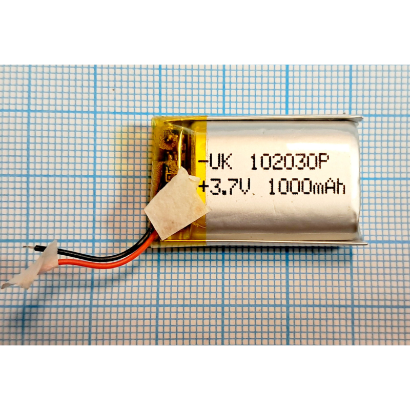 Акумулятор 102030 із захистом PCM (Li-Pol 3.7В 1000мА-год), (10*20*30 мм) 2 Pin (дроти). Вага 10,00 г.