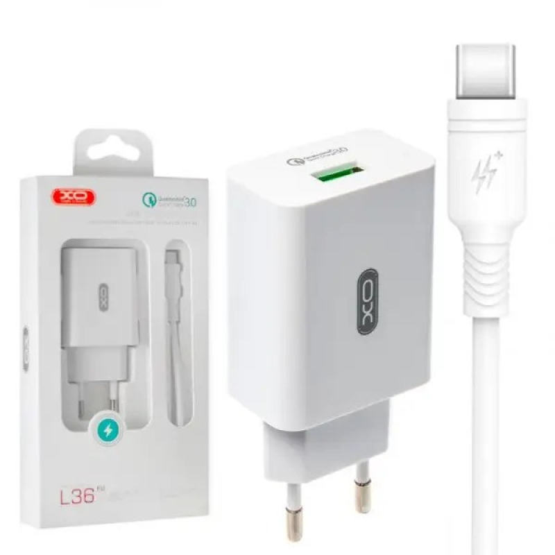 СЗУ XO QC 3.0 L36 18W/1USB + кабель Type-C White