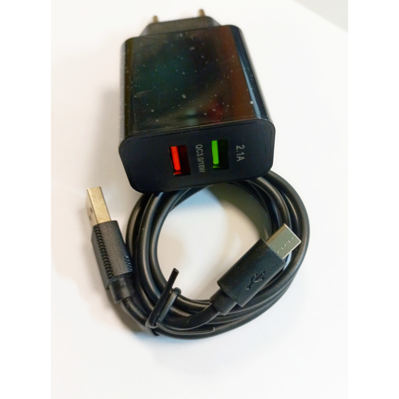 СЗП Grand D18AQ-2, з кабелем, Type-C, з функцією швидкого заряджання USB 3.0 Quick Charge 3.0 2.1 A, чорний