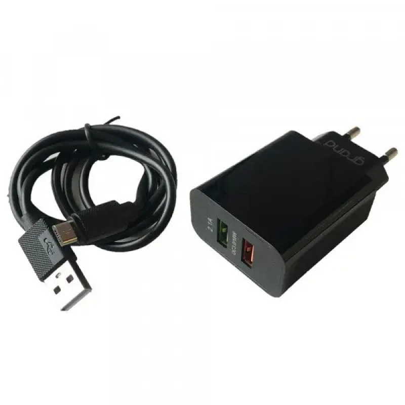 СЗП Grand D18AQ-2, з кабелем, Type-C, з функцією швидкого заряджання USB 3.0 Quick Charge 3.0 2.1 A, чорний