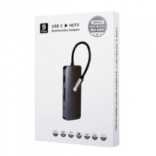 USB HUB адаптер Remax RU-U91 3 USB / Type-C PD / HDMI 4K / SD / TF / AUX / RJ-45 9 in 1, Gray