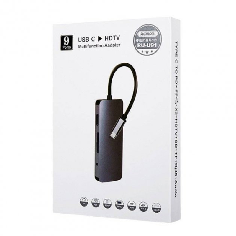 USB HUB адаптер Remax RU-U91 3 USB / Type-C PD / HDMI 4K / SD / TF / AUX / RJ-45 9 in 1, Gray